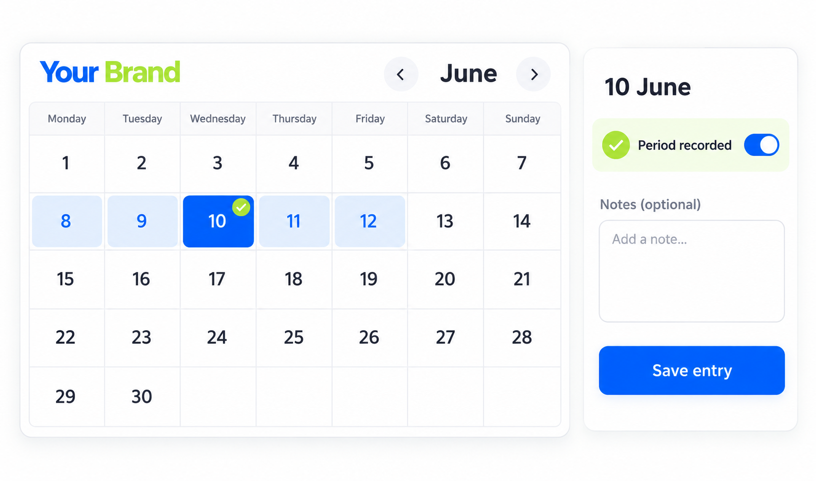 Cycle calendar details and date selection