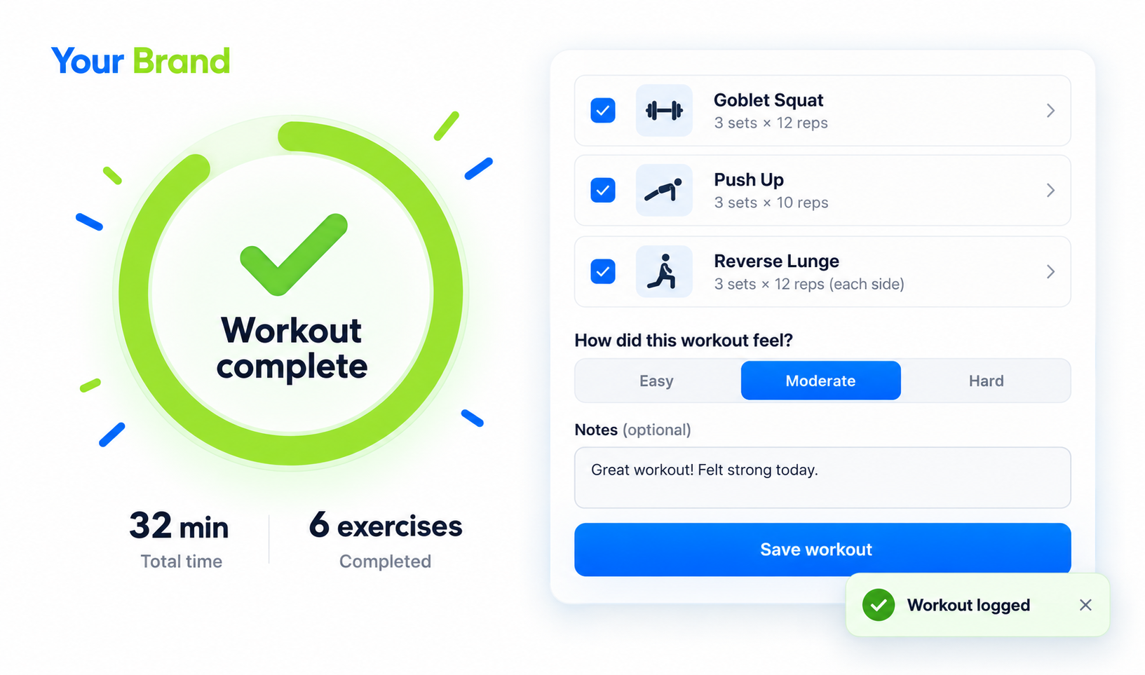 Workout logging and completion screen
