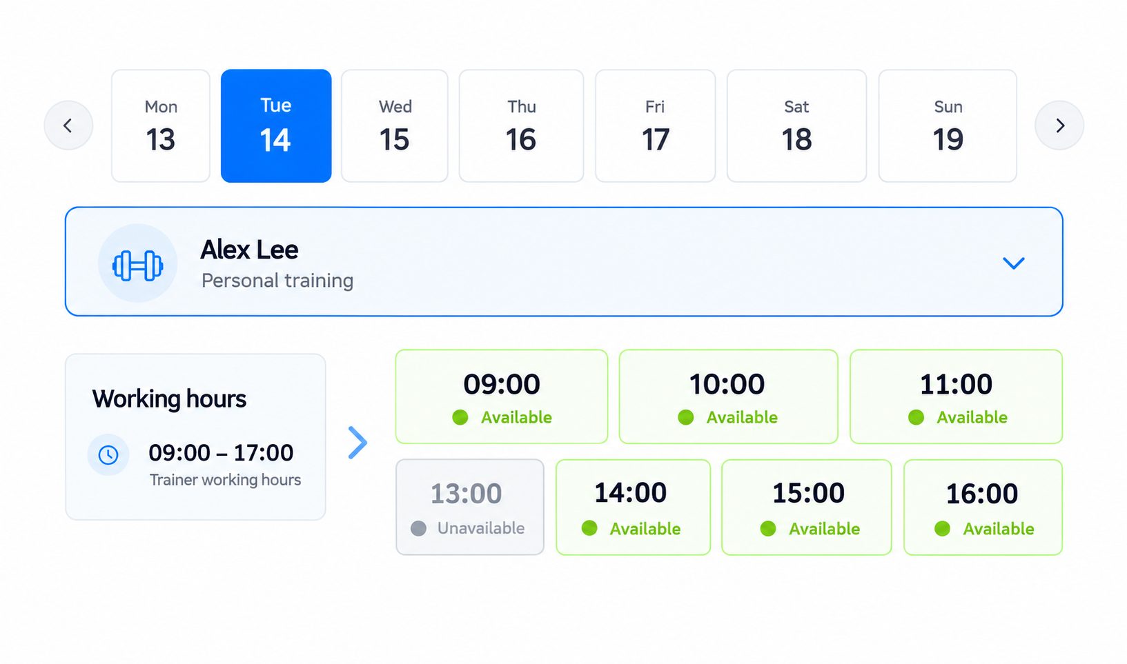 Available session times in the Client App