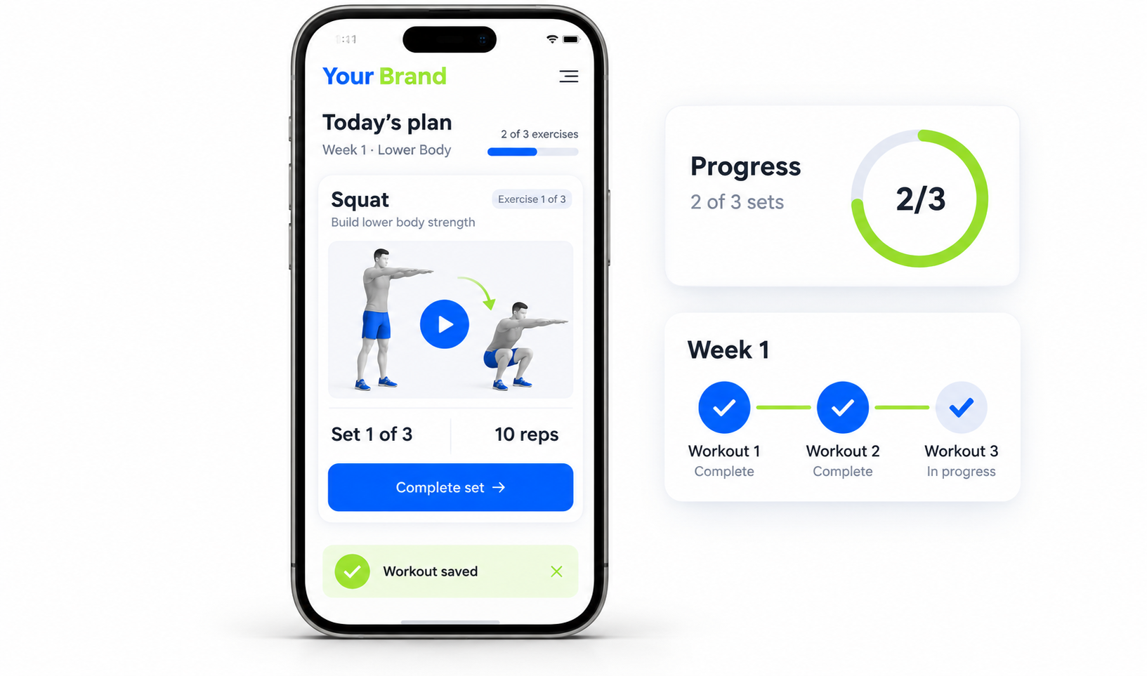 Client workout program and progress screens