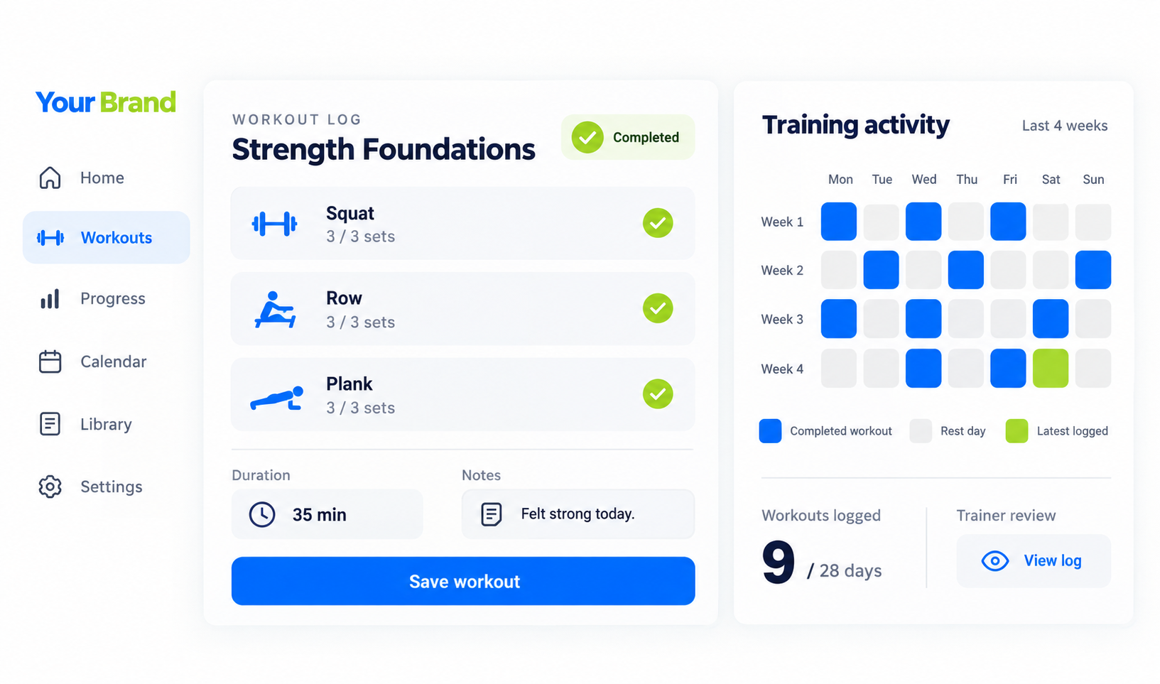 Workout logging and completed training activity