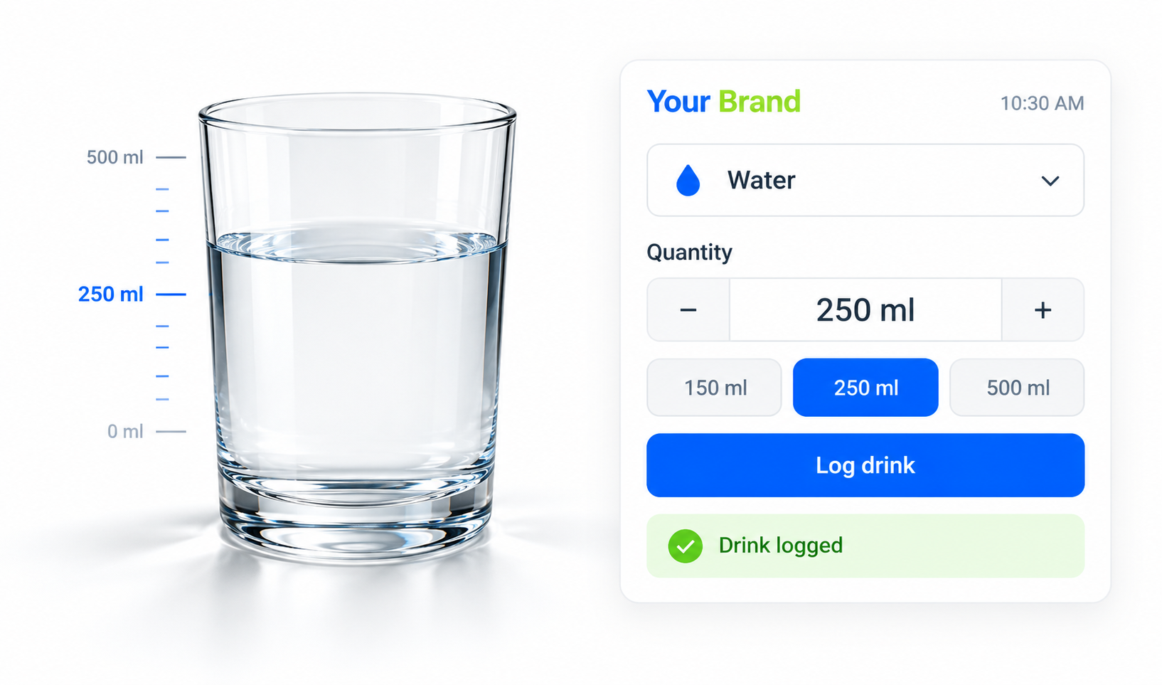 Beverage and quantity being recorded in a hydration log