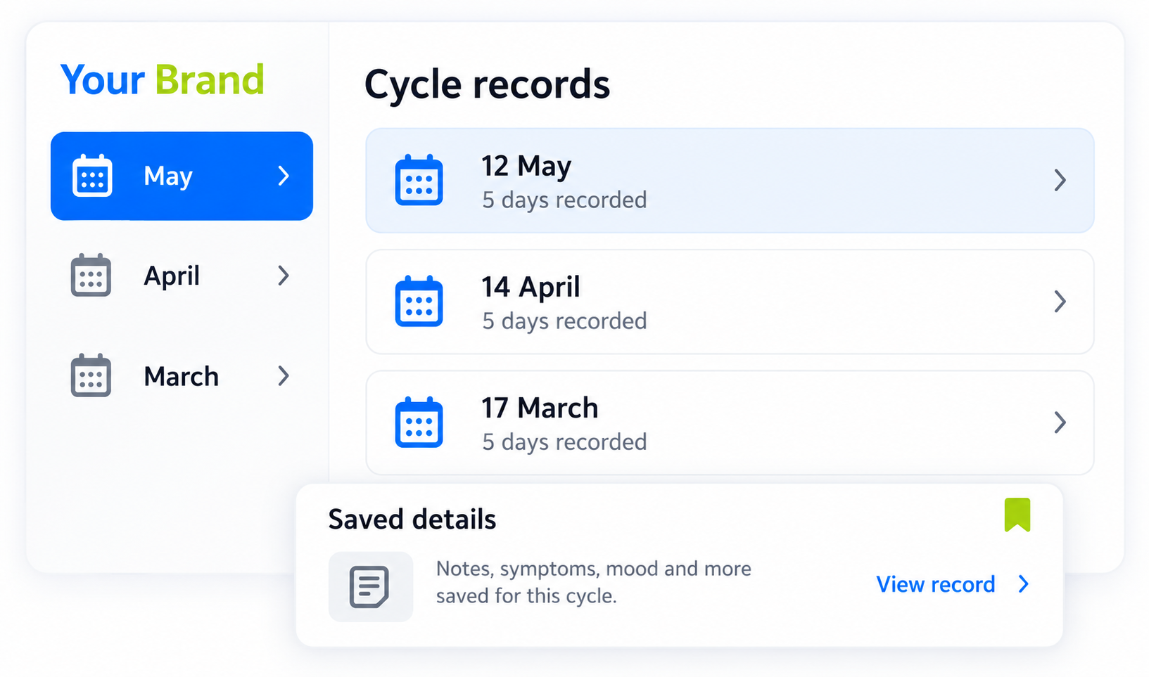 Cycle Setup information in a calendar view