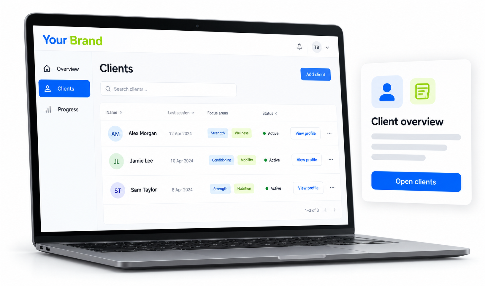 Client Management & Progress entry screen