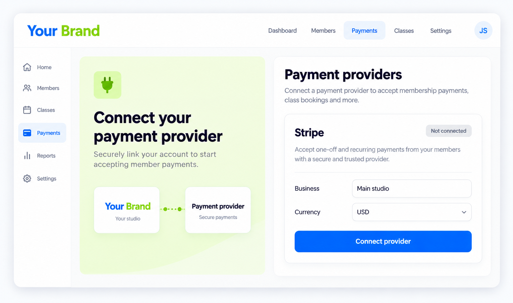 Payment provider connection view