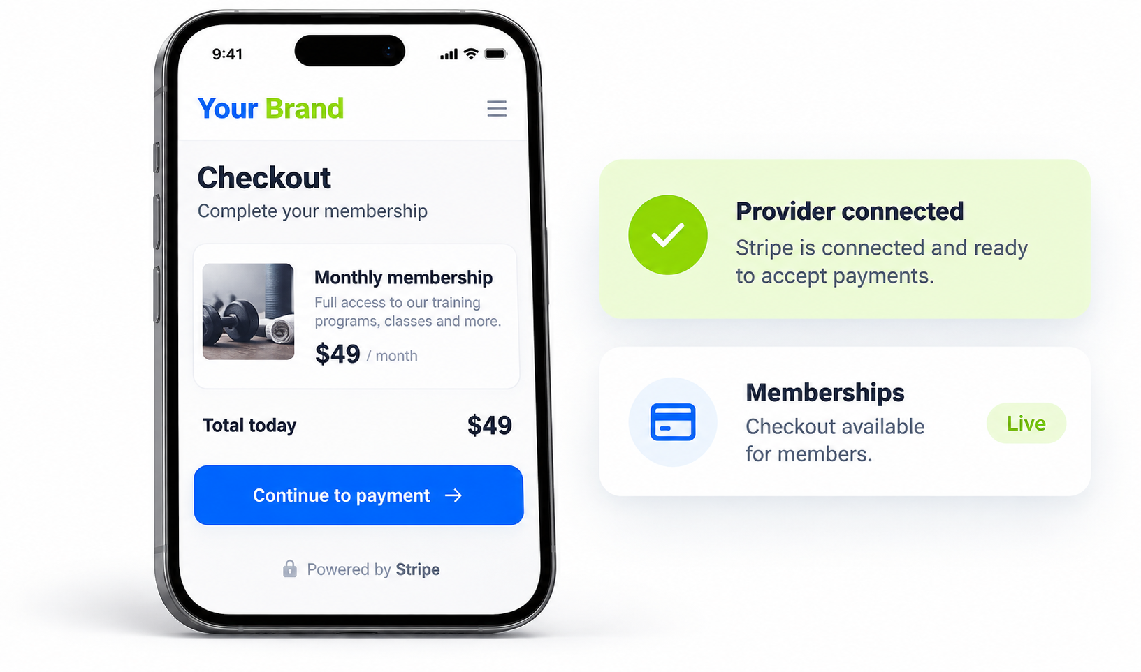 Member checkout in a branded fitness app