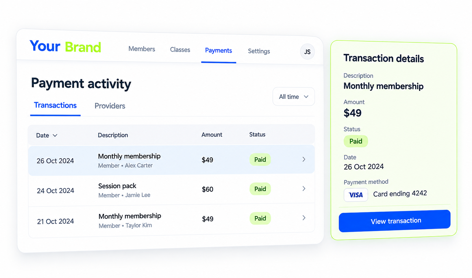 Payment activity in a business administration portal