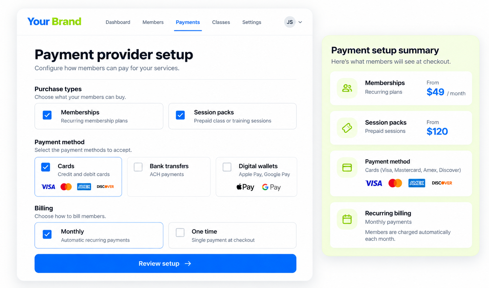 Payment method configuration for a fitness business