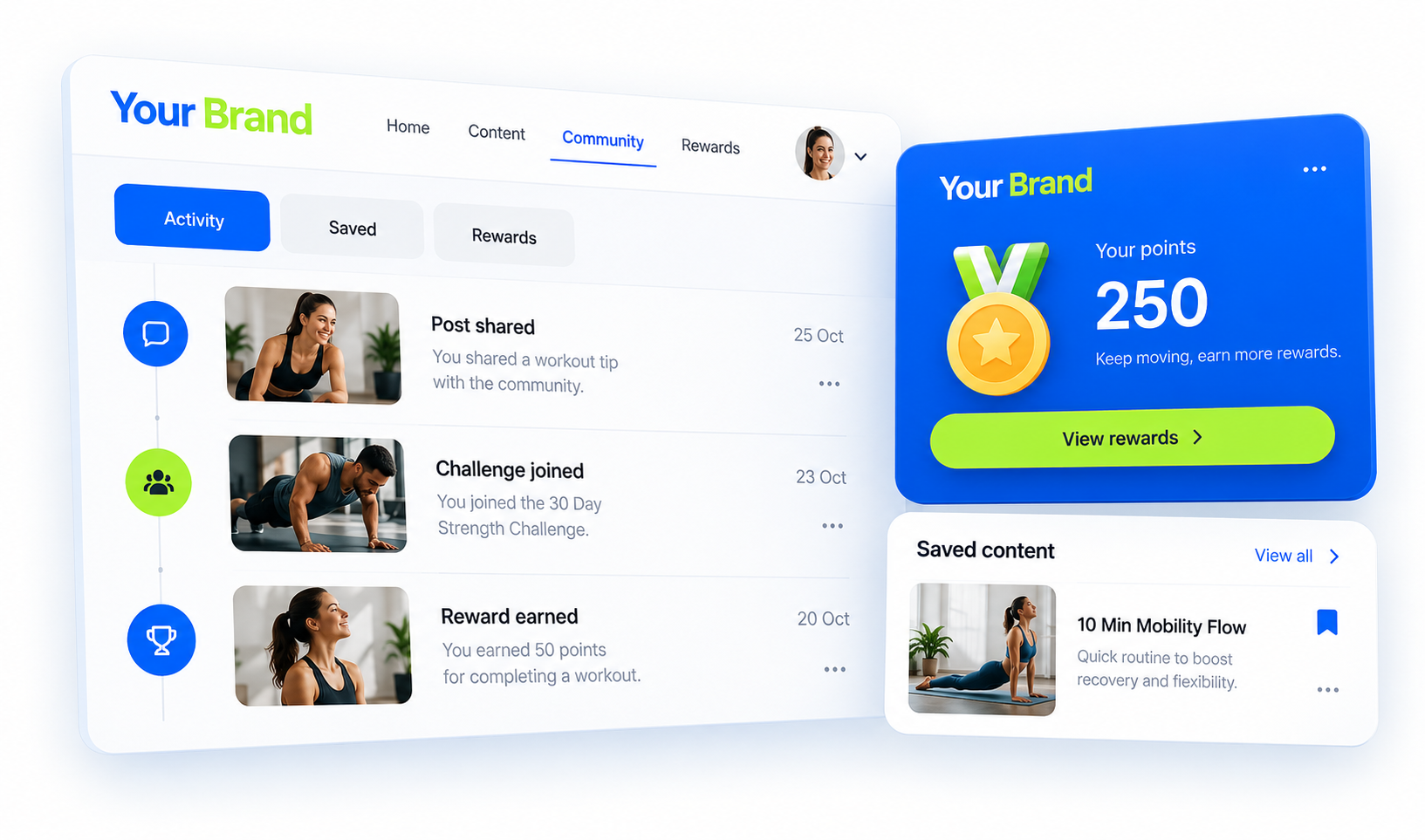 Content, Community & Rewards summary or history view