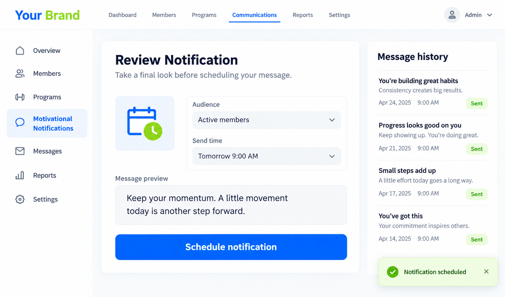 Motivated Notification details or confirmation view