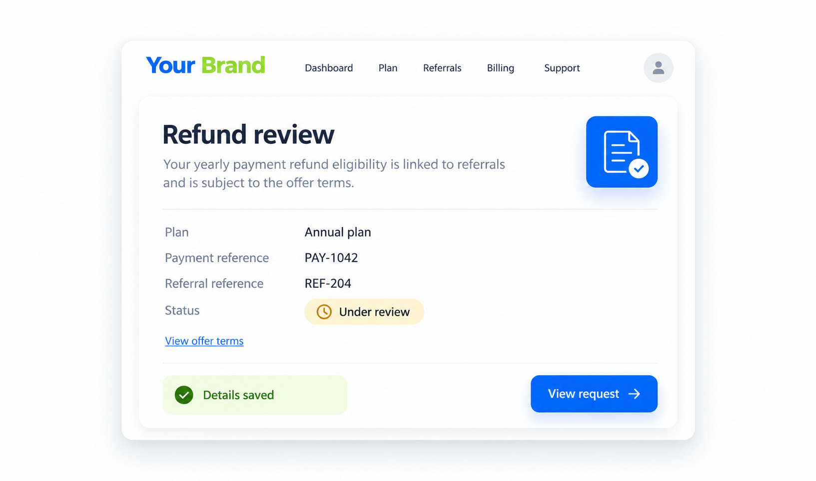 Refund 1Year Payment details or confirmation view