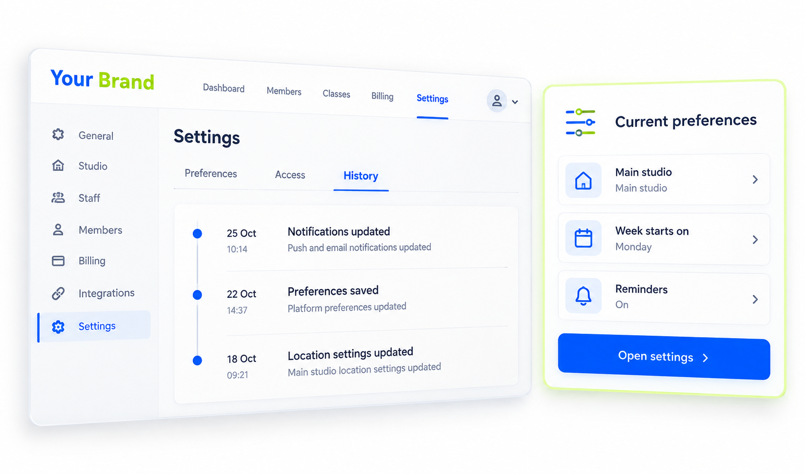 Settings & Control summary or history view