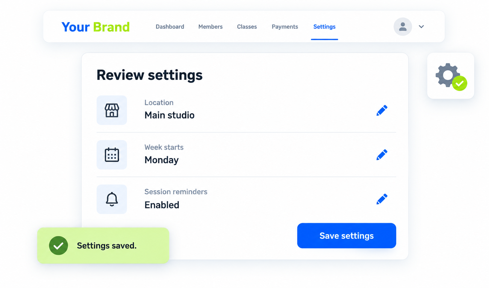 Settings & Control details or confirmation view