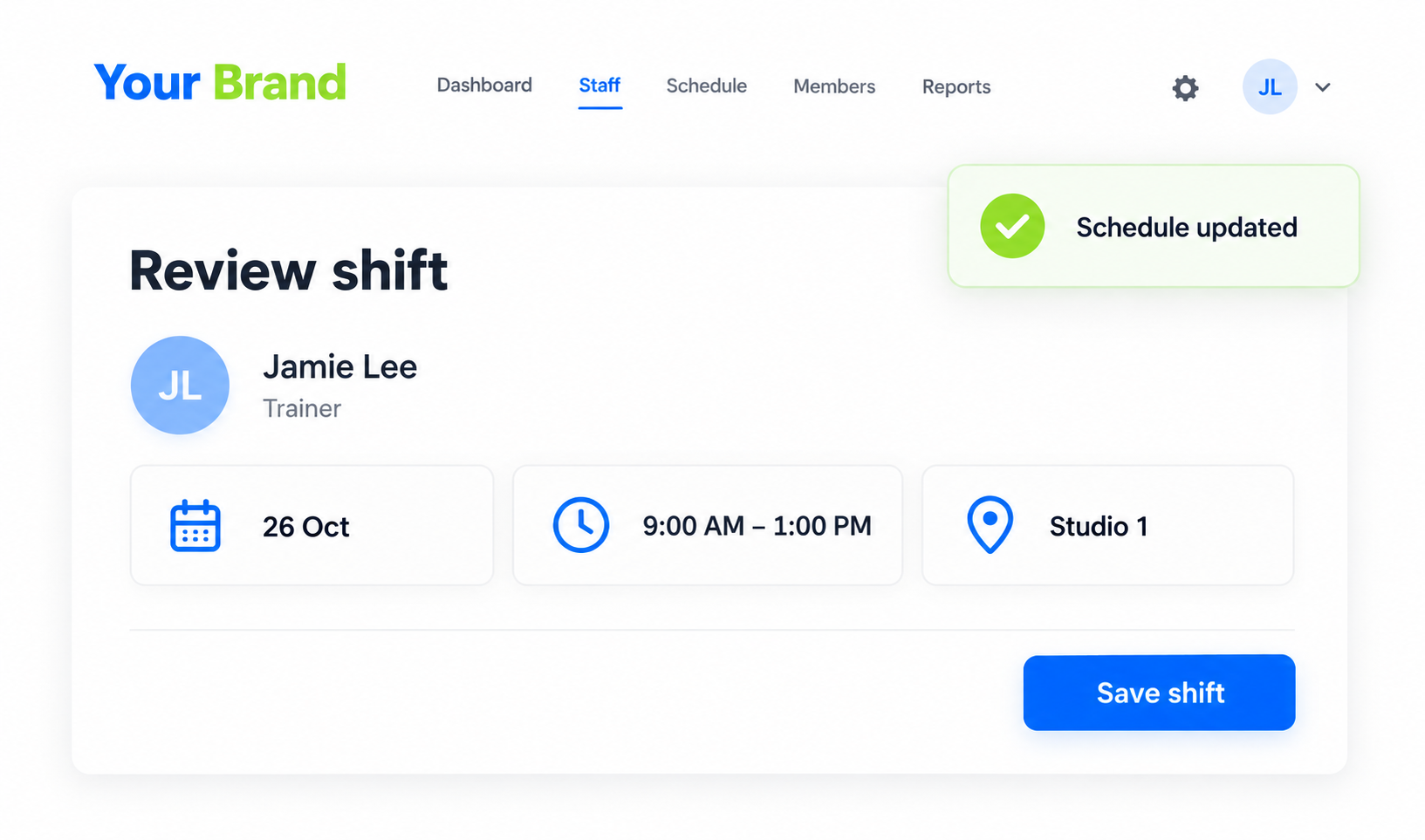 Staff & Schedule Management details or confirmation view